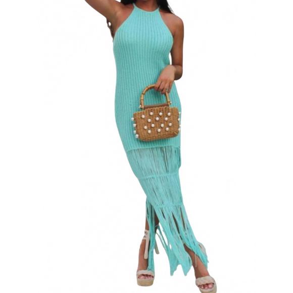 MABLE Crochet Stripe Knit Eyelet Mix Midi Dress
